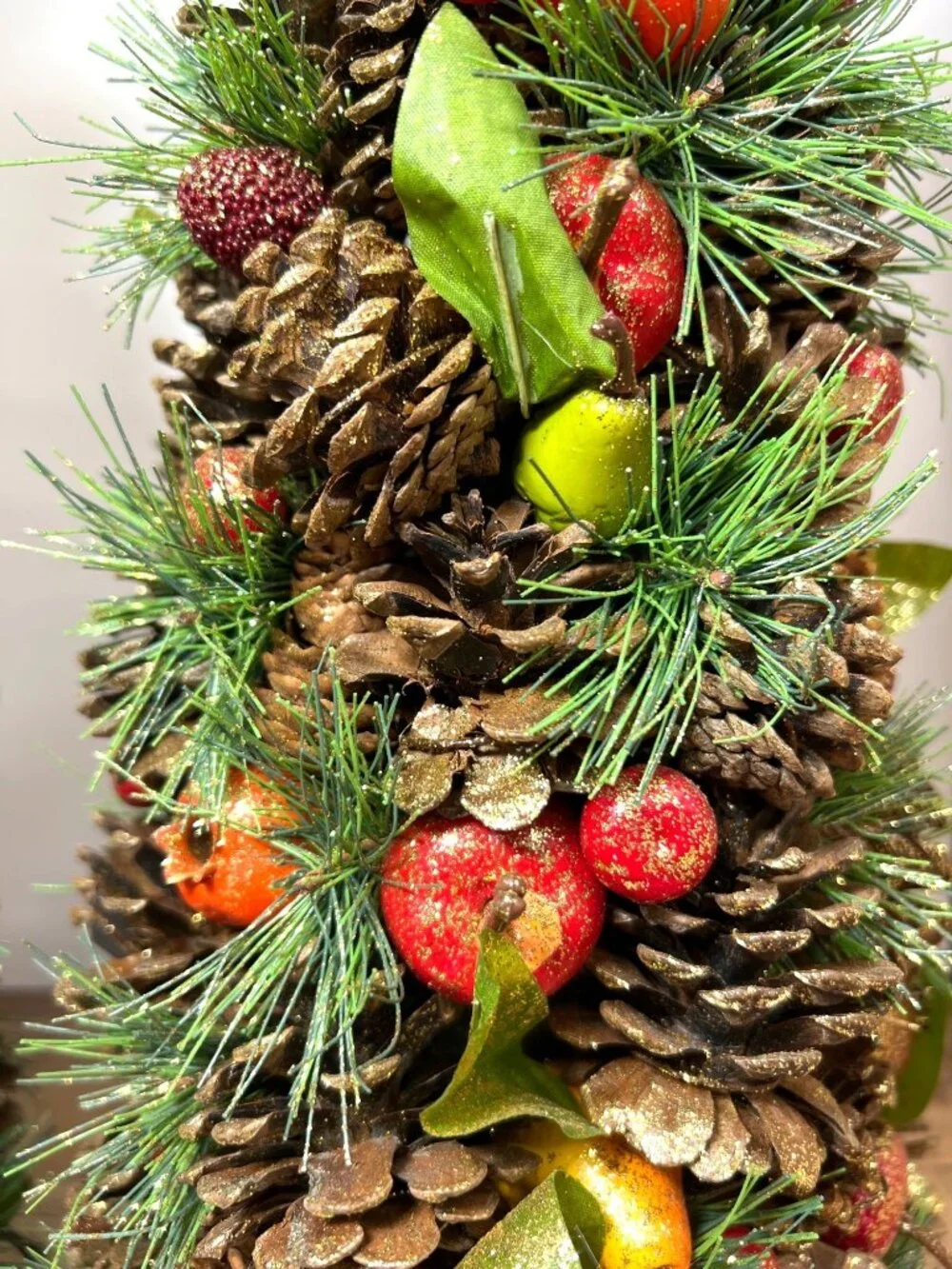 Holiday Centerpiece Pinecone & Faux Fruit Tree Glitter Accents Set Of 2 17.5'' T